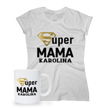 Zestaw na Dzień Matki dla Mamy koszulka + kubek Super Mama + imię 2